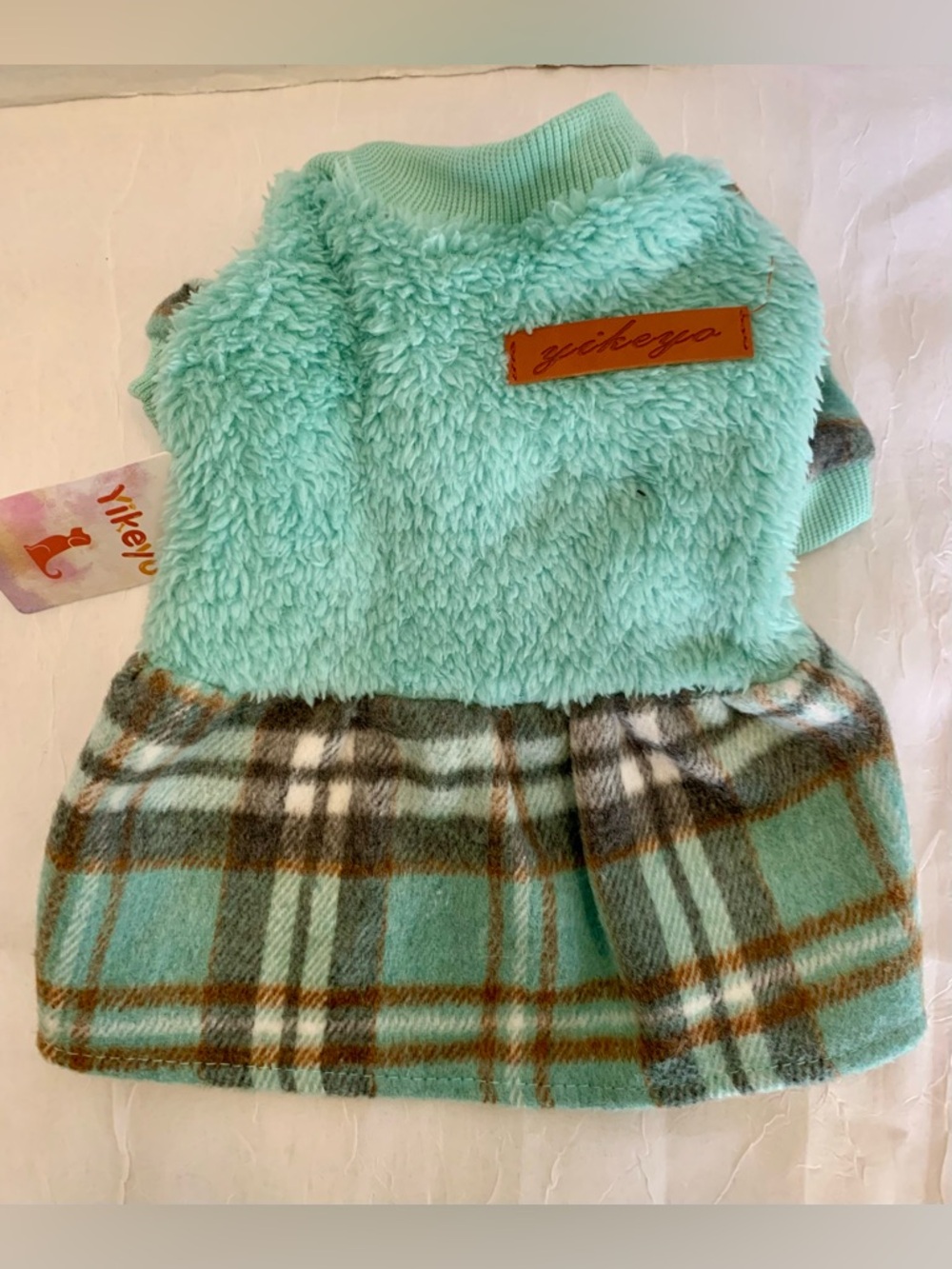 New!Mint Plush & Plaid Pet Dress with Yikeyo Patch